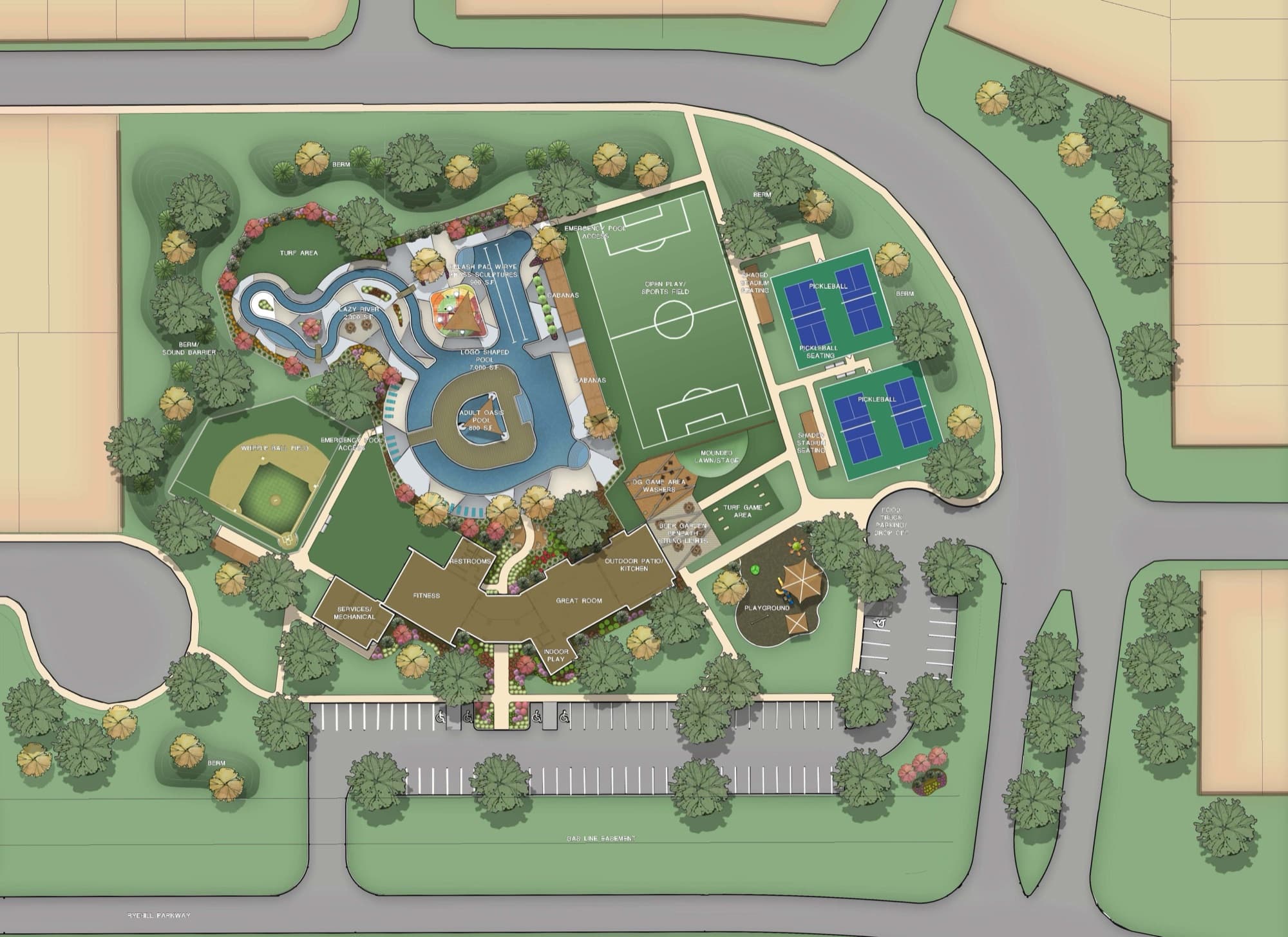 Ryehill amenity center site plan showing the pool, lazy river, pickleball courts, sports field, and playground